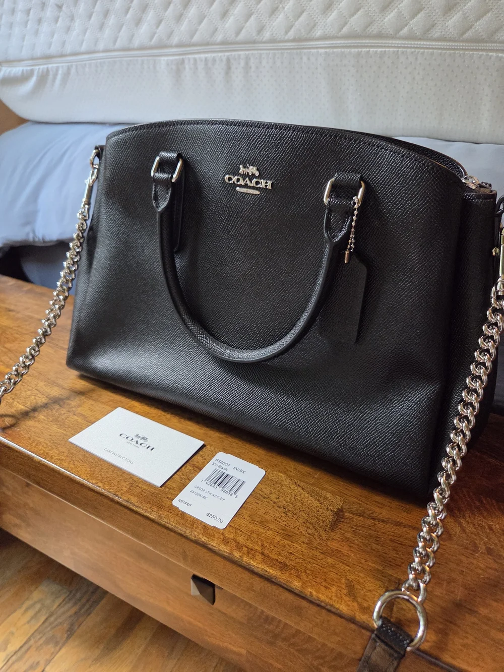 Coach Black Saffiano Leather Satchel with Silver Chain Strap